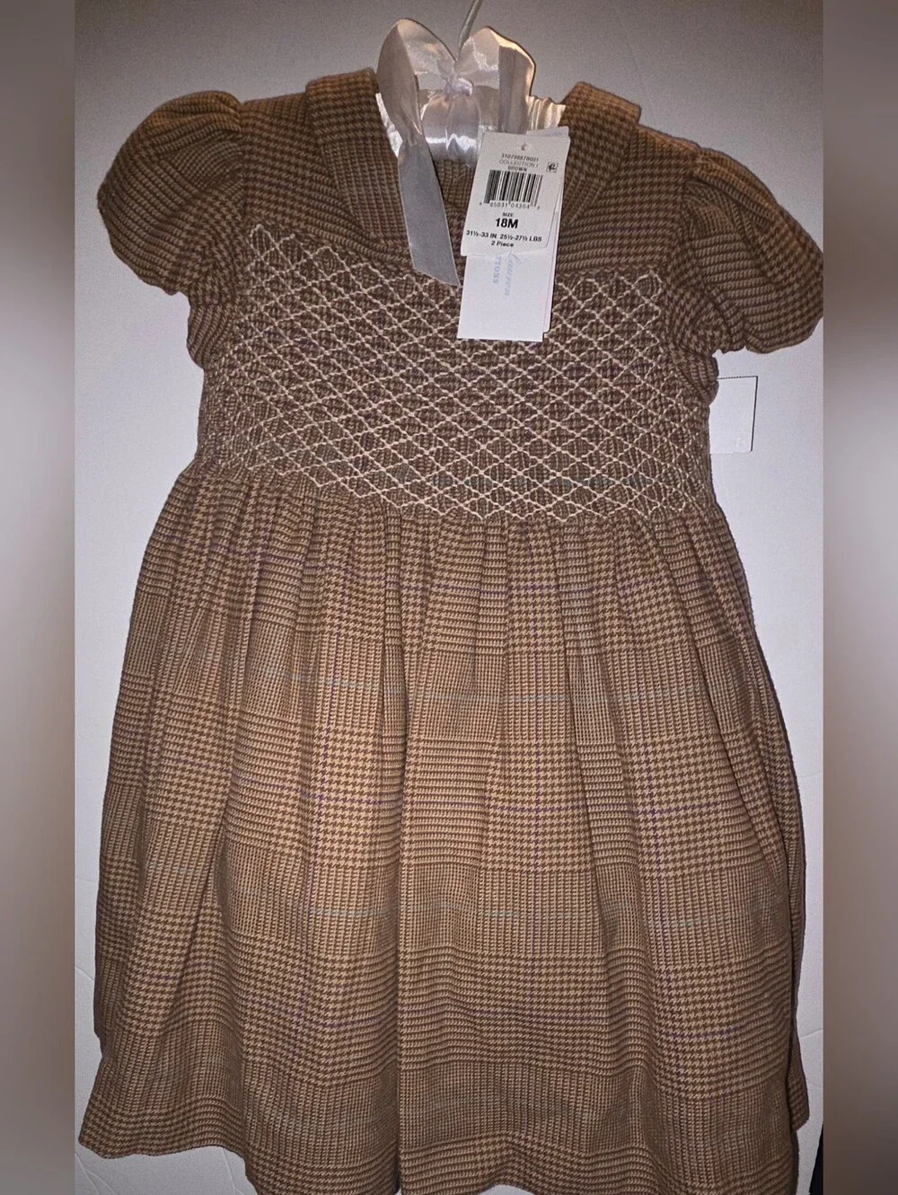 Ralph Lauren Classic Brown Plaid Smocked Front Girls Dress Size 18 Months